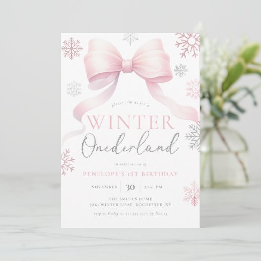 Winter Onederland Roze Zilveren Boog 1e Verjaardag Kaart (Staand voorkant)
