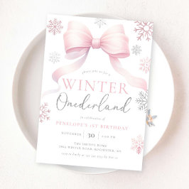 Winter Onederland Roze Zilveren Boog 1e Verjaardag Kaart