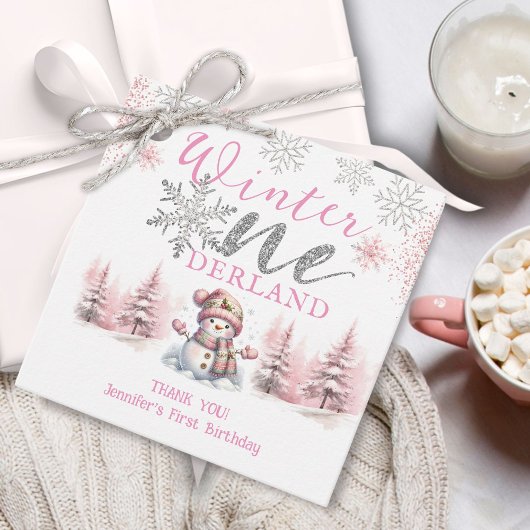 Winter Onederland Roze Zilveren Glitter 1e verjaar Bedankjes Labels