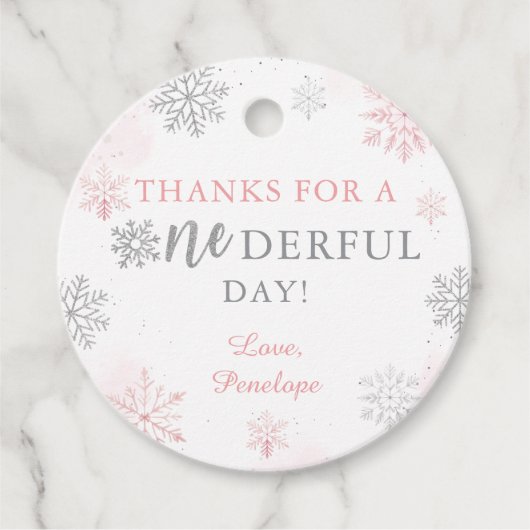 Winter Onederland Roze Zilveren Glitter 1e verjaar Bedankjes Labels (Voorkant)
