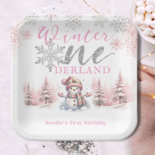 Winter Onederland Roze Zilveren Glitter 1e verjaar Papieren Bordje
