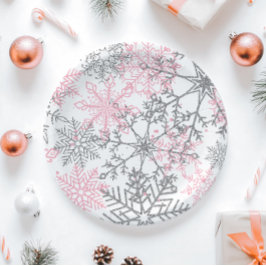 Winter Onederland Roze Zilveren Sneeuwvlok Papieren Bordje