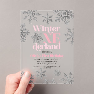 Winter Onederland Roze Zilveren Sneeuwvlok Verjaar Acryl Uitnodigingen