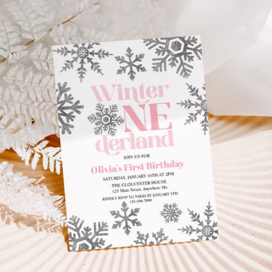 Winter Onederland Roze Zilveren Sneeuwvlok Verjaar Kaart