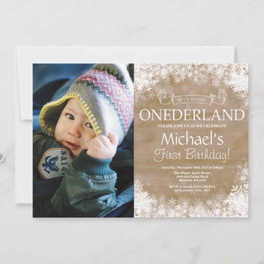 Winter Onederland Rustic 1st Birthday Foto Kaart (Voorkant)