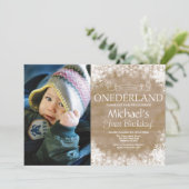Winter Onederland Rustic 1st Birthday Foto Kaart (Staand voorkant)
