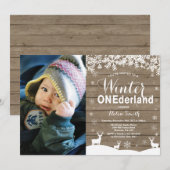 Winter Onederland Rustic 1ste verjaardag Foto Kaart (Voorkant / Achterkant)