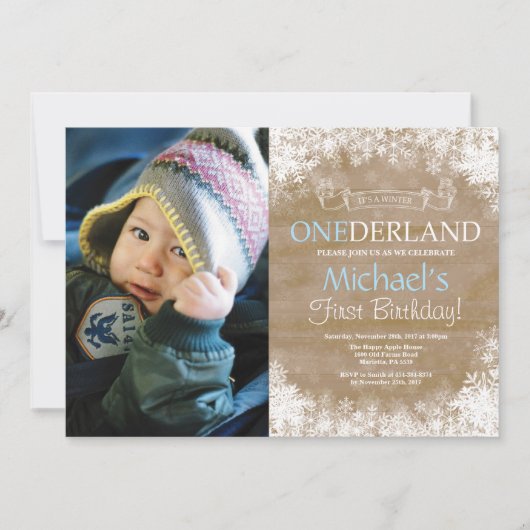 Winter Onederland Rustic Boy 1st Birthday Foto Kaart (Voorkant)