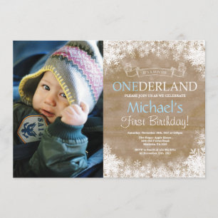 Winter Onederland Rustic Boy 1st Birthday Foto Kaart