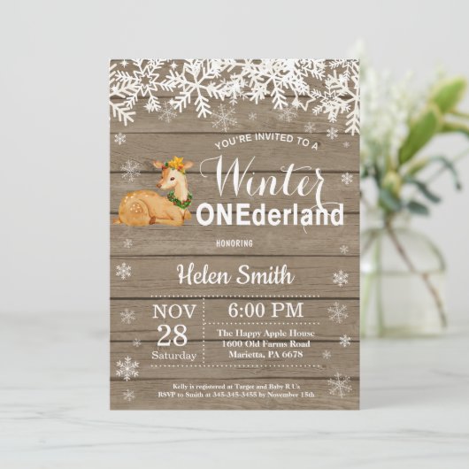 Winter Onederland Rustic Deer 1st Birthday Kaart (Staand voorkant)