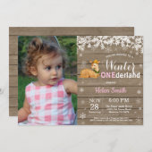 Winter Onederland Rustic Deer Girl 1ste verjaardag Kaart (Voorkant / Achterkant)