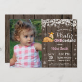 Winter Onederland Rustic Deer Girl 1ste verjaardag Kaart (Voorkant / Achterkant)