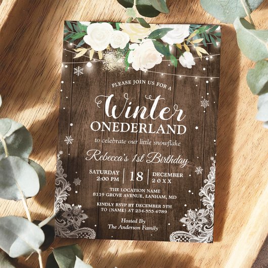 Winter ONEderland Rustic Floral Baby 1ste verjaard Kaart