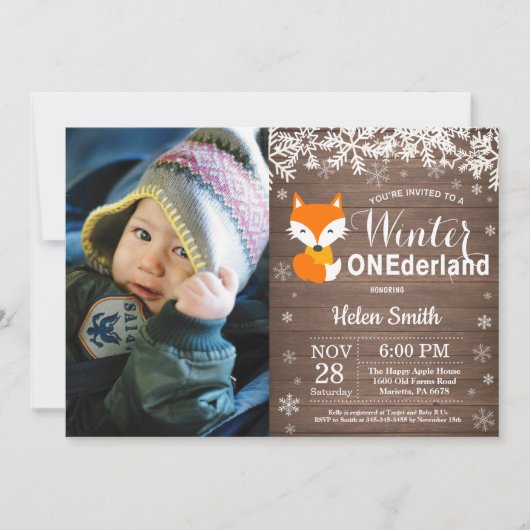 Winter Onederland Rustic Fox 1ste verjaardag Kaart (Voorkant)