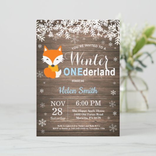 Winter Onederland Rustic Fox Boy 1st Birthday Kaart (Staand voorkant)