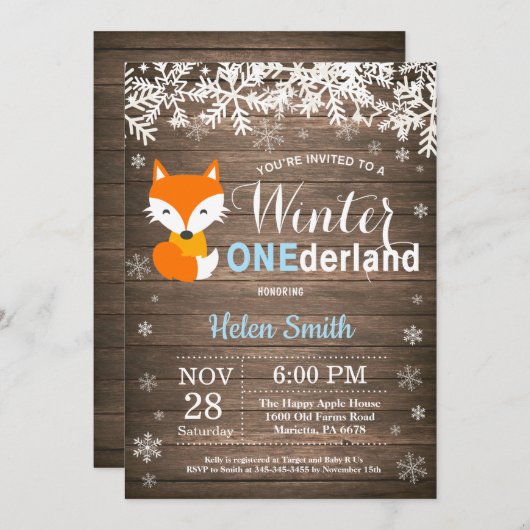Winter Onederland Rustic Fox Boy 1st Birthday Kaart (Voorkant / Achterkant)