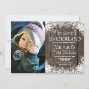 Winter Onederland Rustic Jongen 1e Verjaardag Foto Kaart