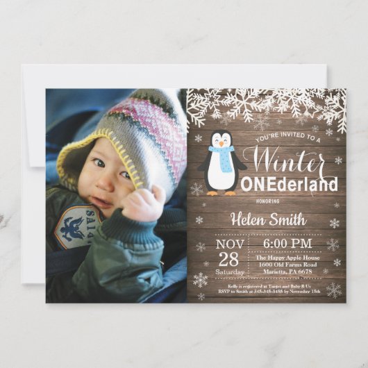 Winter Onederland Rustic Penguin Boy 1st Birthday Kaart (Voorkant)