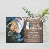 Winter Onederland Rustic Penguin Boy 1st Birthday Kaart (Staand voorkant)