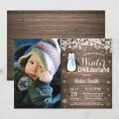 Winter Onederland Rustic Penguin Boy 1st Birthday Kaart (Voorkant / Achterkant)