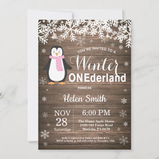 Winter Onederland Rustic Penguin Girl 1ste verjaar Kaart (Voorkant)