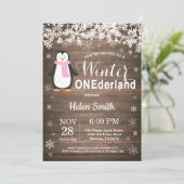 Winter Onederland Rustic Penguin Girl 1ste verjaar Kaart (Staand voorkant)