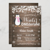 Winter Onederland Rustic Penguin Girl 1ste verjaar Kaart (Voorkant / Achterkant)