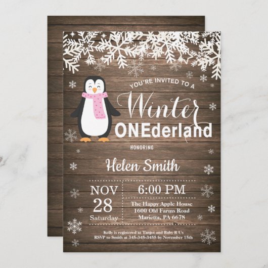 Winter Onederland Rustic Penguin Girl 1ste verjaar Kaart (Voorkant / Achterkant)