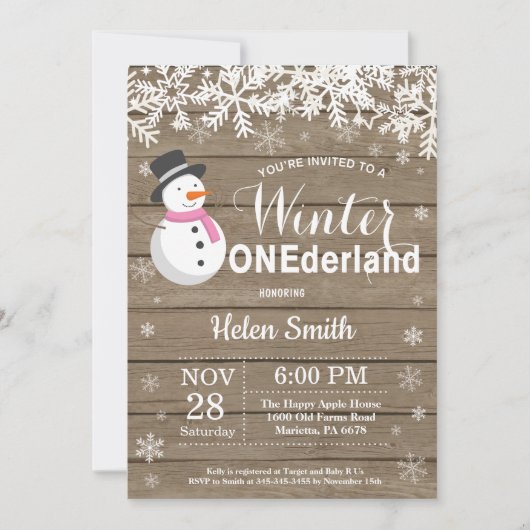 Winter Onederland Rustic Snowman Girl 1ste verjaar Kaart (Voorkant)