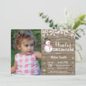 Winter Onederland Rustic Snowman Girl 1ste verjaar Kaart (Staand voorkant)