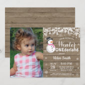 Winter Onederland Rustic Snowman Girl 1ste verjaar Kaart (Voorkant / Achterkant)