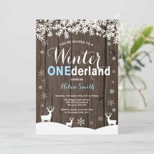 Winter Onederland Rustic Wood Boy 1st Birthday Kaart (Staand voorkant)