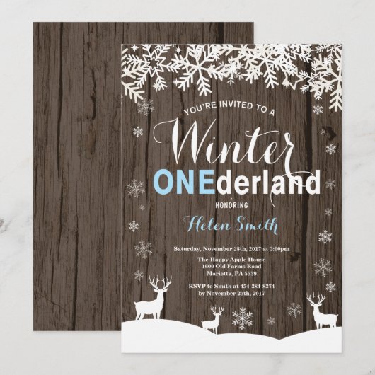 Winter Onederland Rustic Wood Boy 1st Birthday Kaart (Voorkant / Achterkant)