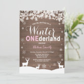 Winter Onederland Rustic Wood Girl 1e verjaardag Kaart (Staand voorkant)