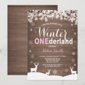 Winter Onederland Rustic Wood Girl 1e verjaardag Kaart (Voorkant / Achterkant)