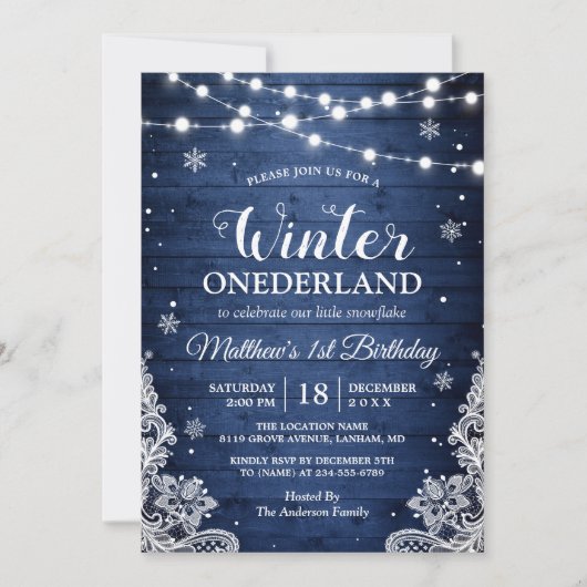 Winter ONEderland rustiek blauw Baby Eerste Verjaa Kaart (Voorkant)