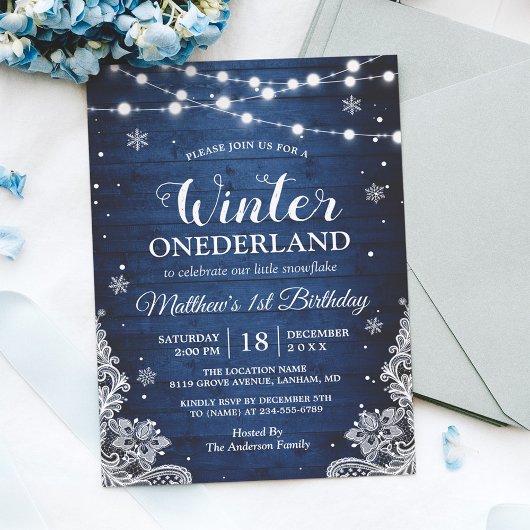 Winter ONEderland rustiek blauw Baby Eerste Verjaa Kaart