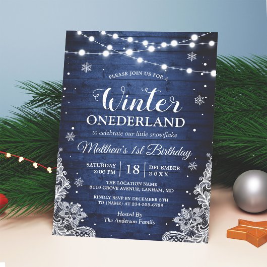 Winter ONEderland rustiek blauw Baby Eerste Verjaa Kaart