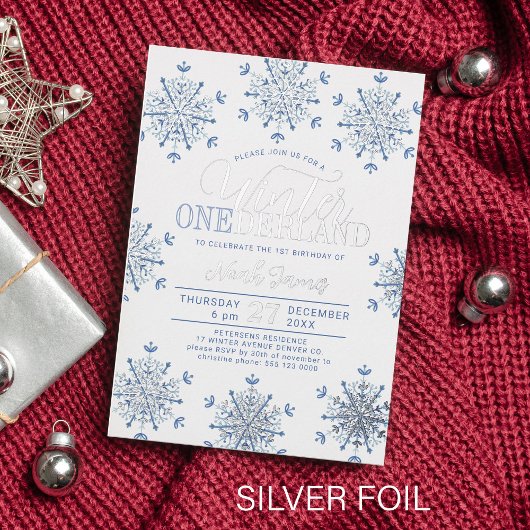 Winter Onederland silver blue boy first birthday Folie Uitnodiging