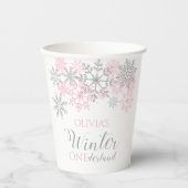 Winter Onederland Silver en Pink Snowflake Papieren Bekers (Voorkant)