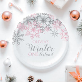 Winter Onederland Silver en Pink Snowflake Papieren Bordje