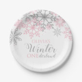 Winter Onederland Silver en Pink Snowflake Papieren Bordje (Voorkant)