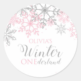 Winter Onederland Silver en Pink Snowflake Ronde Sticker