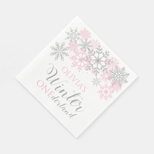 Winter Onederland Silver en Pink Snowflake Servet (Hoek)