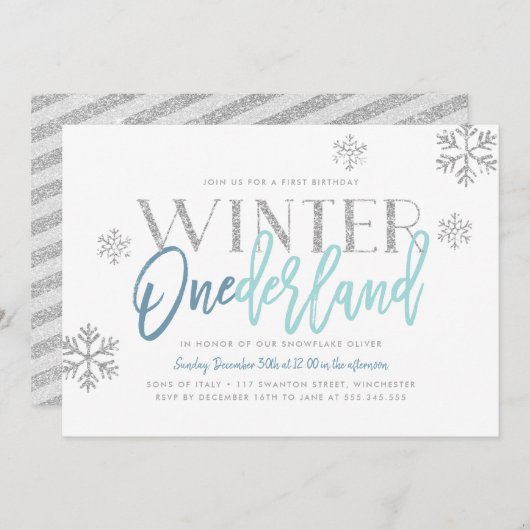 Winter ONEderland Silver Glitter Blue 1st Birthday Kaart (Voorkant / Achterkant)