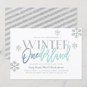Winter ONEderland Silver Glitter Blue 1st Birthday Kaart