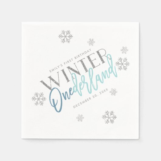 Winter ONEderland Silver Glitter Blue 1st Birthday Servet (Voorkant)