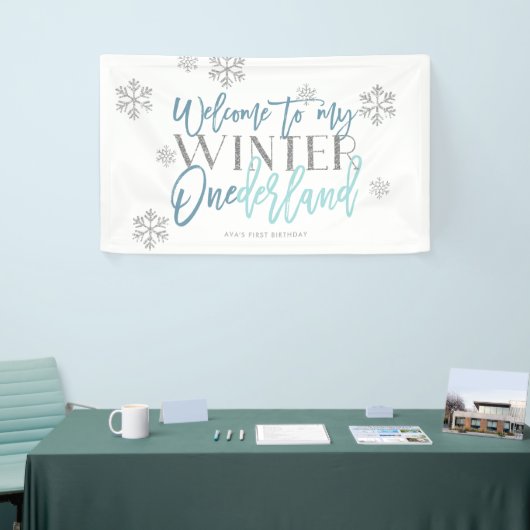 Winter ONEderland Silver Glitter Blue Welcome Sign Spandoek (Beurs)