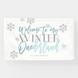 Winter ONEderland Silver Glitter Blue Welcome Sign Spandoek