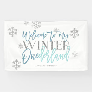 Winter ONEderland Silver Glitter Blue Welcome Sign Spandoek